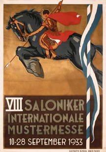 ORIGINAL 1930s Greece Saloniker Fair Poster: Anonymous - GreeceSaloniker Internationale MustermesseLithograph 193339.3 x 27.5 in. (100 x 70 cm)Printer: Aspioti ElkaCondition Details: (B+/A-) was folded, small tears, minor creasing and