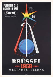 Original Sabena Brussels World's Fair Poster: Marfurt, OttoSabena - Brüssel WeltausstellungOffset 195835.4 x 24.4 in. (90 x 62 cm)Printer: André Beyaert, CourtraiCondition Details: (A-) minor creasing and staining in the marginsEstimate: