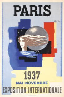 ORIGINAL 1937 Paris World's Fair Poster COLIN: Colin, Paul 1892 - 1986Paris Exposition InternationaleLithograph 193723.6 x 15.7 in. (60 x 40 cm)Printer: Jules Simon, ParisCondition Details: (B+) on linen, minimal tears and minimal staining at