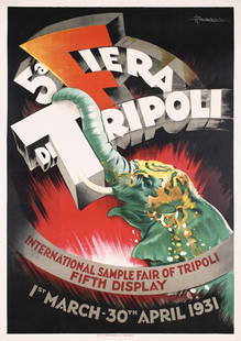 STUNNING ORIGINAL Tripoli Poster 1930s Elephant: Busi, Adolfo 1891 - 1978Fiera di TripoliLithograph 193155.5 x 39.3 in. (141 x 100 cm)Printer: G. Ricordi & C., MilanoCondition Details: (B+) was folded, on linen, tears at the edges and folds,