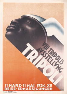 RARE ORIGINAL 1930s Tripoli Poster Plakat: Testi, Carlo V. 1902 -TripoliLithograph 193427.5 x 19.6 in. (70 x 50 cm)Printer: A. Marzi, RomaCondition Details: (B+/A-) was folded, minor surface dust, small tears at the edges, one small circular