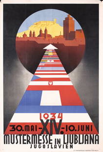 Original 1930s Ljubljana Fair Poster Yugoslavia: Anonymous - YugoslaviaMustermesse in LjubljanaOffset 193439.3 x 26.7 in. (100 x 68 cm)Printer: Mariborska Tiskarna, MariborCondition Details: (B+) was folded, tiny paper losses in the corners, small