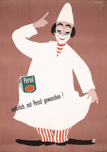 Original 1950s Swiss Design Persil Clown Poster: Berger, E.Persil (Clown)Lithograph 195150.3 x 35.4 in. (128 x 90 cm)Printer: J.C. Müller AG, ZürichCondition Details: (B+) small paper loss at the lower right edge, tiny losses in the corners, tape