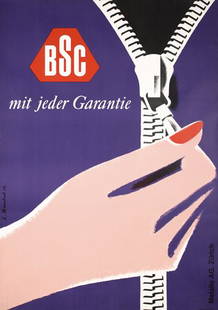 Original Swiss Design Poster BSC 1950s: Mannhart, KarlBSC mit jeder GarantieOffset 195750.3 x 35.4 in. (128 x 90 cm)Printer: Wolfsberg-Druck, ZürichCondition Details: (A) tiny tears and minimal creasing at the edgesEstimate: $300Reserve: