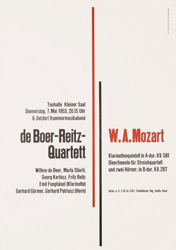 ORIGINAL 1950s Swiss Design Poster MULLER-BROCKMAN: Müller-Brockmann, Josef 1914 - 1996de Boer-Reitz-Quartett - W.A. MozartOffset 195339.3 x 27.5 in. (100 x 70 cm)Printer: Buchdruckerei Stadelhofen, ZürichCondition Details: (A-) tiny tears and minima