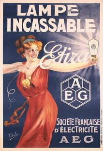 RARE Original 1910s French AEG Lamp Light Bulb Poster: Sala, T. AEG - Lampe Incassable - Etira Lithograph 1912 62.5 x 46.8 in. (159 x 119 cm) Printer: Leopold Verger, Paris Condition Details: (B+) was folded, on linen, tears at the edges and folds, small