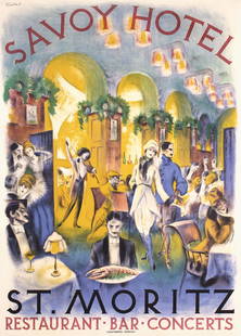 Original 1910s Savoy St. Moritz Swiss Travel Poster: Bickel, Karl 1886 - 1982Savoy Hotel - St. MoritzLithograph 191849.9 x 35.8 in. (127 x 91 cm)Printer: Wolfsberg, ZuerichCondition Details: (A-/B+) on linen, small tears and small restored losses at the