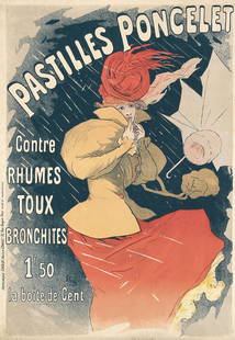 ORIGINAL 1890s JULES CHERET Poster Pastilles Poncelet: Cheret, Jules 1836 - 1932 Pastilles Poncelet Lithograph 1896 22.8 x 16.5 in. (58 x 42 cm) Printer: Chaix, Paris Condition Details: (B+) on linen, tiny tears, minor staining at the bottom edge