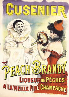 Original 1890s/1900s French Liquor Poster PAL Clown: Pal, (Paleologue) Jean de 1860 - 1942 Cusenier Peach-Brandy Lithograph ca. 1898 50.7 x 35.8 in. (129 x 91 cm) Printer: Pichot, Paris Condition Details: (B) was folded, on linen, small restored tears