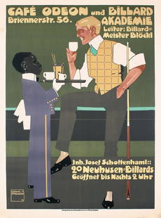 RARE Original 1900s HOHLWEIN Cafe Odeon Poster: Hohlwein, Ludwig 1874 - 1949 Café Odeon - Briennerstr. Lithograph 1908 47.6 x 35 in. (121 x 89 cm) Printer: Vereinigte Druckereien und Kunstanstalten, Muenchen Condition Details: (B+) was folded,