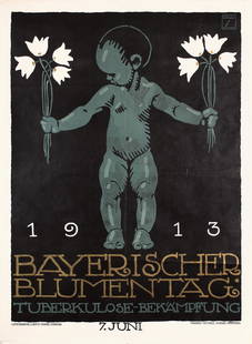 Original Vintage 1910s HOHLWEIN Flower Poster Large: Hohlwein, Ludwig 1874 - 1949 Bayerischer Blumentag Lithograph 1913 42.5 x 31.1 in. (108 x 79 cm) Printer: Consée, Muenchen Condition Details: (A-/B+) was folded, small tears at the edges and folds,