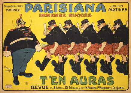 Original Vintage 1900s French Theater Poster Parisiana: Damare, L. - 1927 Parisiana - T'en Auras Lithograph 1903 34.6 x 48.8 in. (88 x 124 cm) Printer: Louis Galice, Paris Condition Details: (B+/B) was folded, on linen, tears, small paper losses and