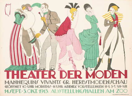 Original Vintage 1913 German Fashion Design Week Poster: Deutsch, Ernst (Dryden) 1887 - 1938Theater der ModenLithograph 191327.5 x 38.1 in. (70 x 97 cm)Printer: Hollerbaum & Schmidt, BerlinCondition Details: (A-) was folded vertically on the left, slight ve