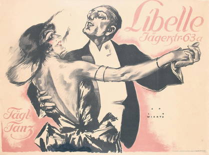 RARE Original 1910s German Art Deco Dance Poster WIERTZ: Wiertz, Jupp 1888 - 1939LibelleLithograph ca. 191927.9 x 37.4 in. (71 x 95 cm)Printer: Labisch & Co., BerlinCondition Details: (B) vertical fold on the right, on Japan, repaired paper loss (2x7 in./5x