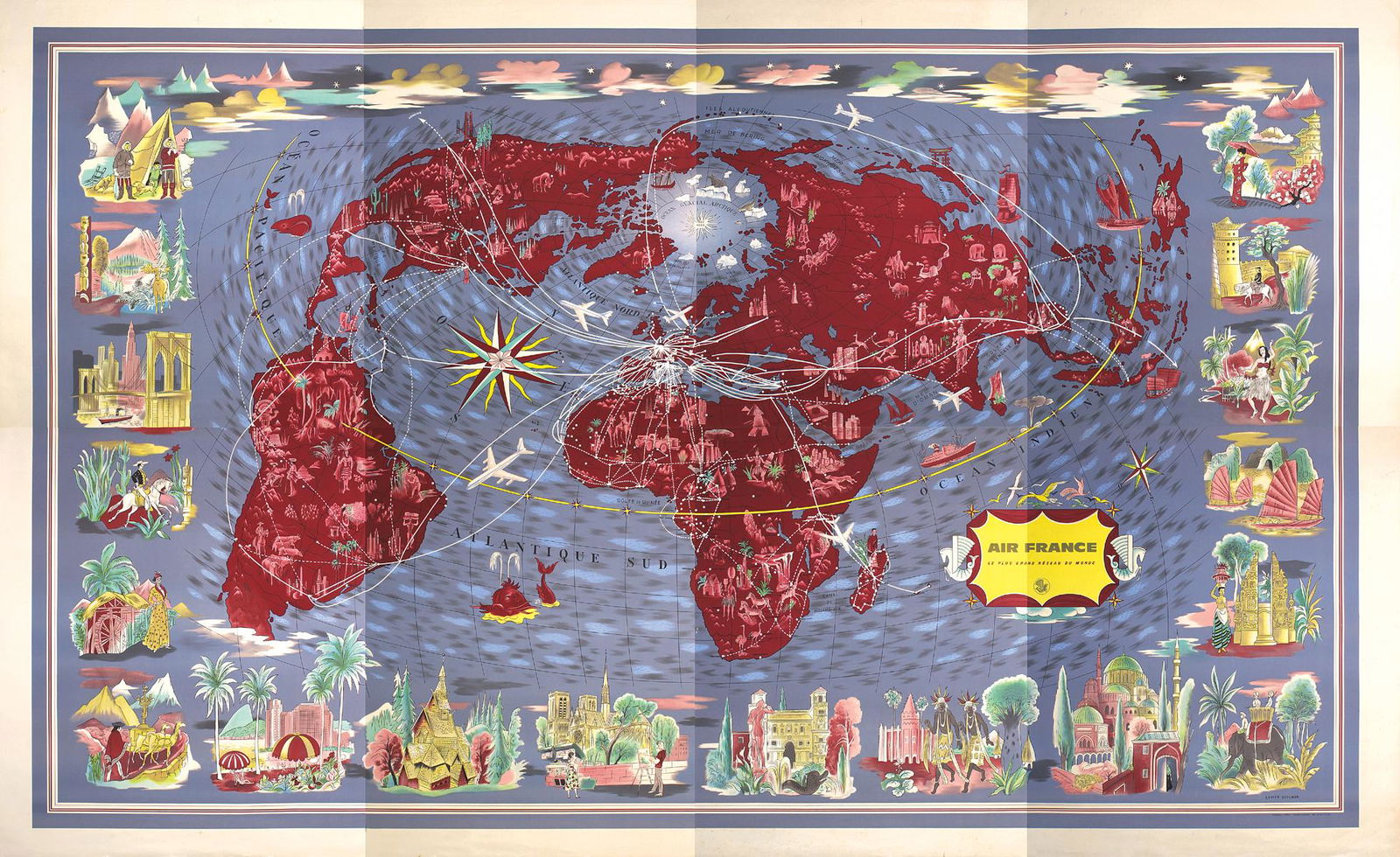 Rare Original 1950s Air France 8-Panel Map Poster Bouch (1 of 1)