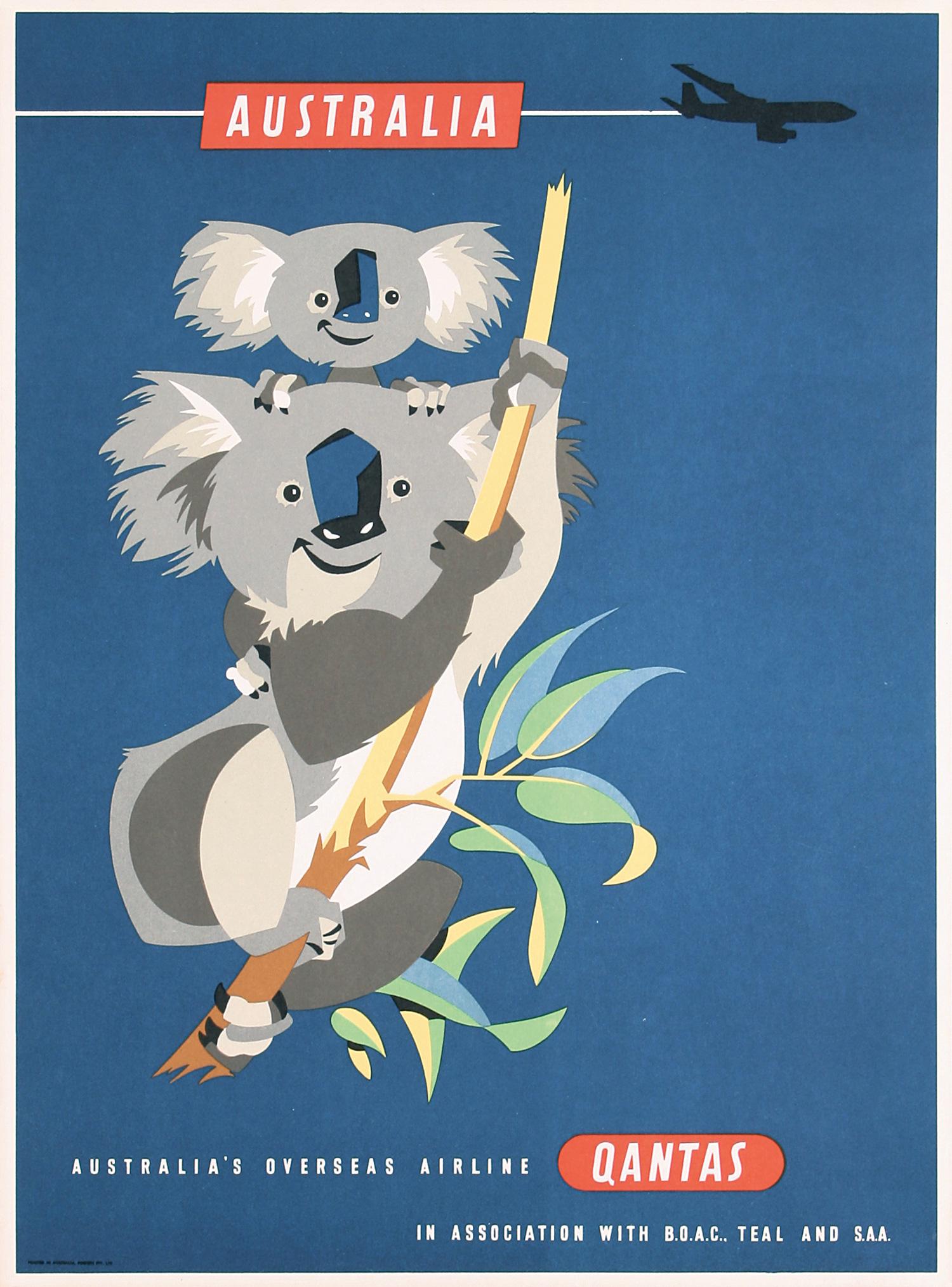 Original 1950s QANTAS Australia Koalas Travel Poster: Rogers, Harry 1929 - 2012Qantas - AustraliaOffset ca. 195619.6 x 14.5 in. (50 x 37 cm)Printer: Posters Pty.Condition Details: (A) tiny edge tears