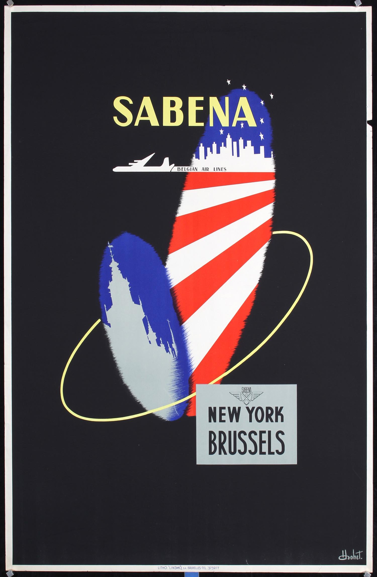 Original 1950s Sabena Air Lines New York Travel Poster: DohetSabena - New York BrusselsOffset ca. 195038.9 x 25.1 in. (99 x 64 cm)Printer: Linsmo, BruxellesCondition Details: (A-) small edges tears, tiny margin loss at the upper right, slight scratch in lo