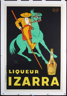 Original 1930s French Liquor Advertising Poster Izarra: Zulla Liqueur Izarra Lithograph 1934 120 x 80 cm Printer: Vercasson, Paris Condition Details: (A) linen-backed, small tears and minimal staining in the margins