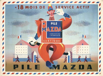 Original Vintage 1940s MAZDA Battery Poster: Nathan (Nathan-Garamond), Jacques 1910 - 2001 Pile Mazda (Battery) Lithograph ca. 1947 118 x 161 cm Printer: Bedos, Paris Condition Details: (A-/B+) was folded, small tears and minimal staining in