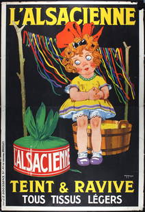 Huge 1930s French Advertising Poster Alsacienne Girl: Roux, Jean-CharlesL'AlsacienneOffset ca. 1930236 x 160 cmPrinter: E. Goossens, BruxellesCondition Details: (B) was folded, in two sheets, tears and staining at the edges, horiz. 18 in./47 cm tear from