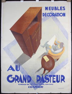 Original Vintage 1930s French Furniture Poster GRAND PASTEUR: Villot, Charles Au Grand Pasteur Lithograph ca. 1930 160 x 120 cm Printer: Imp. Generale, Grenoble Condition Details: (A-) linen-backed, small tears and minimal staining at the edges, minor horiz.