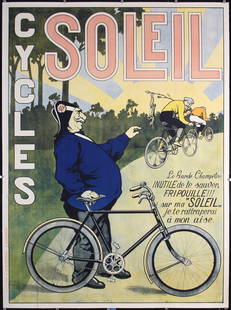 Original 1900s/10s Belgian Bicycle Poster CYCLES SOLEIL: Anonymous - France Cycles Soleil Lithograph ca. 1910 120 x 89 cm Printer: LÂ´Editorial, Louvain Condition Details: (B) linen-backed, small tears and minimal creasing at the edges, red colors faded