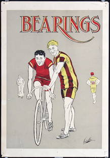 Original Vintage 1890s Bearings Bicycle Poster Cox Art: Cox, Charles Arthur Bearings (Bicycle) Lithograph ca. 1898 46 x 31 cm Printer: no information Condition Details: (B+) was folded, small tears and minor staining at the edges, diagonal creases, corner