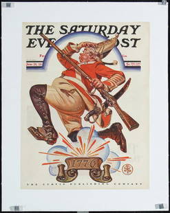 Original 1930s Leyendecker Print 1776 Sat Evening Post: Leyendecker, Joseph Christian 1874 - 1951The Saturday Evening Post - 1776 (Running Redcoat)Letterpress Print 193035 x 27 cmPrinter: no informationCondition Details: (A-) linen-backed, small tears and