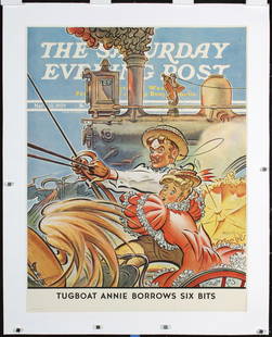 Original 1930s Saturday Eve Post Poster Tugboat Annie: Hilliker, Douglas H. The Saturday Evening Post (Buggy Races Train) Letterpress Print 1939 71 x 55 cm Printer: no information Condition Details: (A-) linen-backed, small tears and minor creasing at