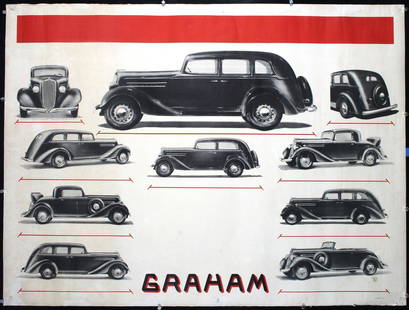 Original Vintage 1930s/40s Graham Automobile Poster: Anonymous - USA Graham Offset ca. 1938 91 x 121 cm Printer: no information Condition Details: (B/B+) backed on Japan paper, minor tears, creasing and staining at the edges and in image area, small