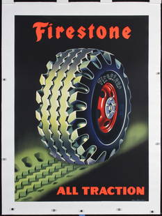 Original 1930s/40s FIRESTONE Tire Automobile Poster: Lippert, Aage Firestone - All Traction Offset ca. 1938 83 x 60 cm Printer: Moller & Landschutz Condition Details: (A) linen-backed , small edge tears