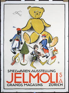 Rare Original 1915 Swiss Jelmoli Toys Poster Baumberger: Baumberger, Otto 1889 - 1961 Jelmoli - Spielwaren Ausstellung Lithograph 1915 49.9 x 35.4 in. (127 x 90 cm) Printer: J.E. Wolfensberger, Zurich Condition Details: (A-) on linen, small tears, minimal