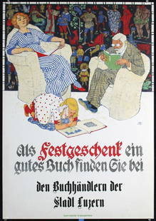 Original 1900s Swiss Book Poster Mangold Christmas Gift: Mangold, Burkhard 1873 - 1950 Als Festgeschenk ein gutes Buch Lithograph 1917 38.9 x 27.1 in. (99 x 69 cm) Printer: Wassermann, Zurich Condition Details: (A-) on Japan, small tears and minimal