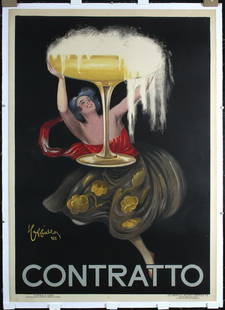 Original 1922 Cappiello Contratto Champagne Poster 1-Sh: Cappiello, Leonetto 1875 - 1942 Contratto Lithograph 1922 55.5 x 39.3 in. (141 x 100 cm) Printer: Les Nouvelles Affiches Cappiello, Paris Condition Details: (A) on linen, minimal crease in the