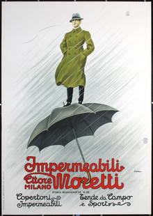 Original 1920s Italian Poster Metlicovitz Umbrella: Metlicovitz, Leopoldo 1868 - 1944 Impermeabili Moretti Lithograph 1921 55.1 x 38.5 in. (140 x 98 cm) Printer: G. Ricordi, Milano Condition Details: (B+) was folded, on linen, small tears, creases