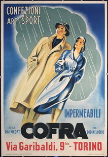 Original Vintage 1940s Italian Fashion Poster Dudovich: Dudovich, Marcello 1878 - 1962 Cofra - Impermeabili Lithograph 1946 44.8 x 30.7 in. (114 x 78 cm) Printer: Salussolia, Torino Condition Details: (A) on linen, small tears and minimal staining at the