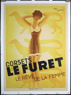 Original 1930s French Undergarments Poster Le Furet: Perot, Roger 1908 - 1976 Corsets Le Furet Lithograph 1933 55.1 x 39.7 in. (140 x 101 cm) Printer: Delattre, Paris Condition Details: (A-) on linen, tiny margin corner losses, slight creases/mini