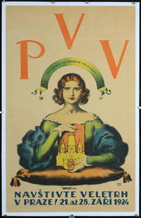 Original Vintage 1920s Czech PVV Trade Show Poster: Naske, Frantisek X. 1884 - 1959PVV - Veletrh V PrazeLithograph 192437.4 x 23.6 in. (95 x 60 cm)Printer: Unie, PragueCondition Details: (B+) was folded, on linen, small tears and minor staining at the