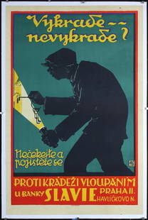 Original 1930s Czech Anti-Theft Poster Slavia Bank: Cejka, Josef 1886 - 1932Vykrade - Neevykrade? (Slavia Bank)Lithograph 193037.7 x 24.8 in. (96 x 63 cm)Printer: Unie, PrahaCondition Details: (A-/B+) was folded, on linen, small tears and minor creases