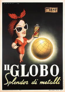 Original Vintage 1940s Italian Advertising Poster Globo: DamianiIl GloboOffset 194955.1 x 38.9 in. (140 x 99 cm)Printer: Necchi, MilanoCondition Details: (A) on linen, tiny tears and minimal browning in the bottom margin #Italy #Advertising #Globe #Polish