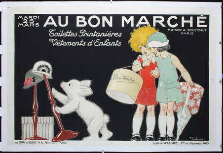 Rare Original 1930s Rene Vincent Au Bon Marche Poster: Vincent, René (René Masel) 1879 - 1936 Au Bon Marché Lithograph 1930 31.1 x 47.2 in. (79 x 120 cm) Printer: Duval et Bedos, Paris Condition Details: (B+) on linen, tears up to 4.5