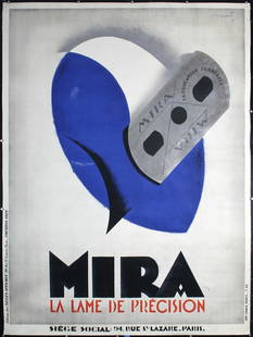 RARE Original 1929 CHARLES LOUPOT Mira Design Poster: Loupot, Charles 1892 - 1962 Mira Offset 1929 62.2 x 46 in. (158 x 117 cm) Printer: Chaix, Paris Condition Details: (C+) on linen, edge tears, one of them 5 in./13 cm at the top, creasing and minor