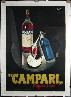 Huge Original 1920s Italian Campari Poster Nizzoli 2-Sh: Nizzoli, Marcello 1887 - 1969Campari - L'AperitivoLithograph 192676.3 x 54.3 in. (194 x 138 cm)Printer: Officine Impresa Gen, D'Affissioni, MilanoCondition Details: (A-) on linen, was in two sheets, m