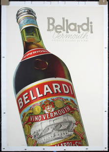 Original Vintage 1940s Swiss Bellardi Vermouth Poster: Häusler, Theo 1892 - Bellardi Vermouth Lithograph 1943 50.7 x 35.4 in. (129 x 90 cm) Printer: S.S.P.L. Condition Details: (A-) on linen, minimal staining at the edges#Switzerland #Food &