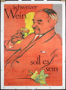 Original Vintage 1950s HANS FALK Swiss Wine Poster: Falk, Hans 1918 - 2002 Schweizer Wein soll es sein Lithograph 1952 49.9 x 35.8 in. (127 x 91 cm) Printer: Wolfsberg-Druck, Zurich Condition Details: (A-) on linen, small tears and minimal creasing