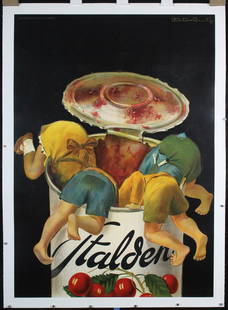 Great Original 1940s Swiss Can Food Fruit Poster RUTZ: Rutz, Victor 1913 - Stalden Lithograph 1947 50.3 x 35.4 in. (128 x 90 cm) Printer: Klausfelder, Vevey Condition Details: (B+) was folded horiz., on linen, tears at the edges, one of them 6.5 in./17