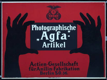 Rare Original 1900/10s German Photography Object Poster: Anonymous - Germany Agfa - Photographische Artikel Lithograph ca. 1910 16.5 x 22.8 in. (42 x 58 cm) Printer: Hollerbaum & Schmidt, Berlin Condition Details: (B+) on Japan, small edge tears, minor