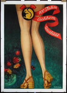 Original 1940s Swiss Stockings Fashion Poster Rutz Art: Rutz, Victor 1913 - 100 Jahre Eichhorn Qualität (Stockings) Lithograph 1942 50.3 x 35.4 in. (128 x 90 cm) Printer: Paul Bender, Zollikon-Zurich Condition Details: (A-) on linen, small tears and