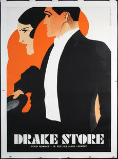 Original ca. 1980s Drake Store Geneva Fashion Poster: Bernard, Marcel 1902 - 1991 Drake Store (after Tom Purvis) Offset ca. 1980 49.9 x 35.8 in. (127 x 91 cm) Printer: no information Condition Details: (A) on linen, tiny edge tears#Switzerland #Fashion