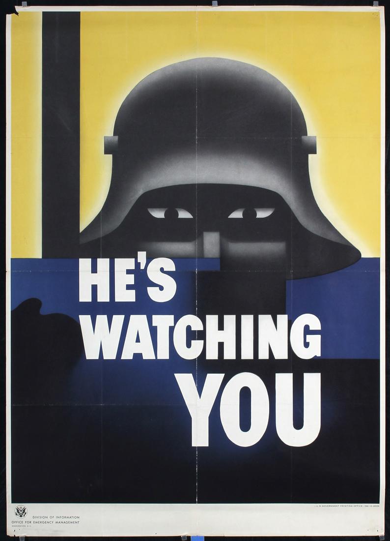 RARE Original HE'S WATCHING YOU WW II Poster LARGE VS (1 of 2)